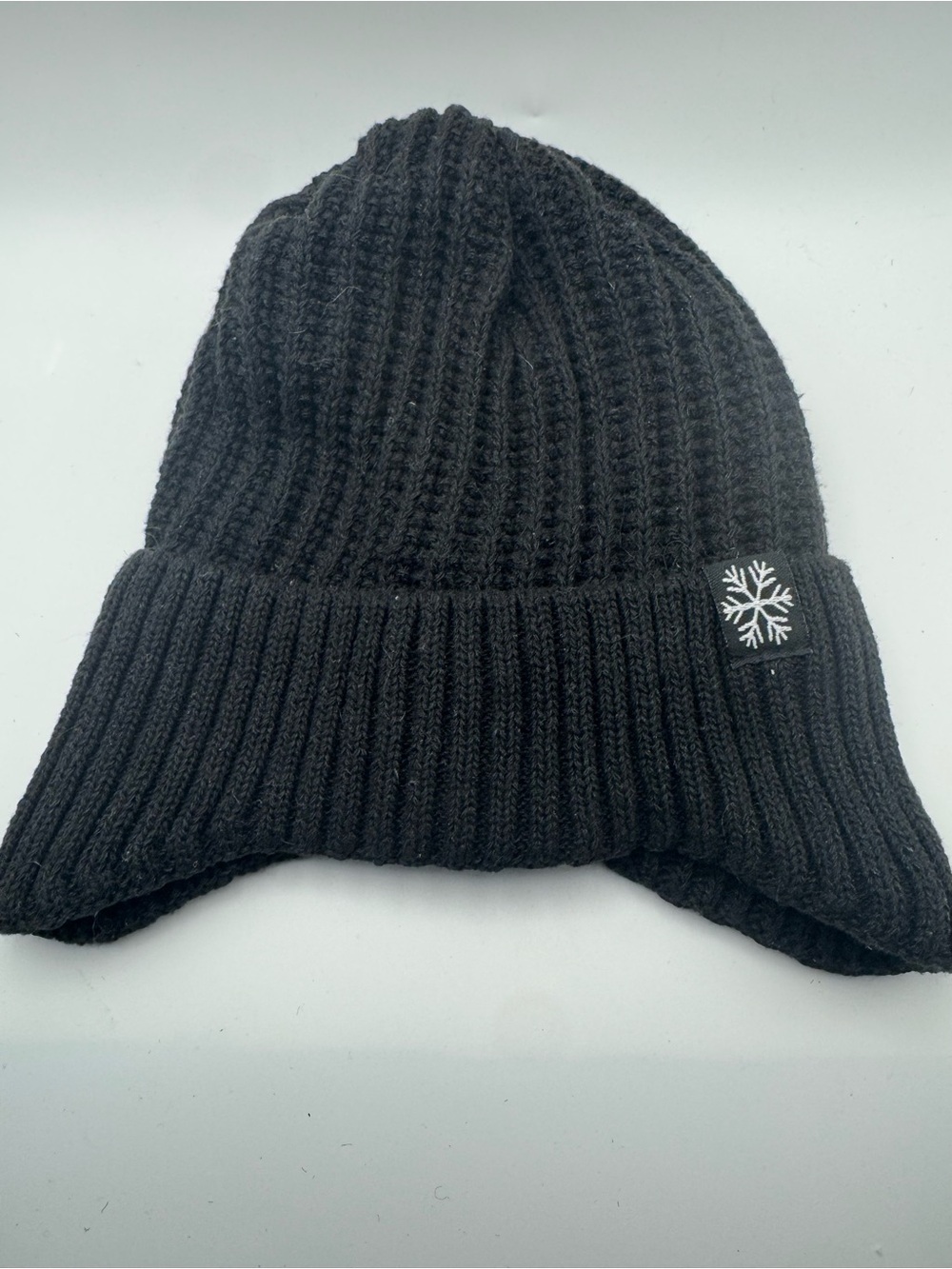 Black Sherpa Lined Ear Flap Knit Beanie Winter Hat Snowflake Unisex
